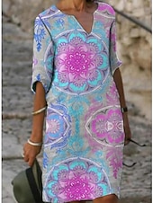 abordables Robes Bohémiennes-Femmes Mini Robe Robe Décontractée Robe fourreau Robe d&#039;été Mode Moderne Quotidien Plage Week-end Coupe régulière Fleuri Manche 3/4 Col en V Aqua bleu bleu marine Bleu Vert Été