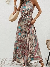 billiga Boho klänningar-Dam Maxiklänning A linjeklänning Off Shoulder Klänning Semester Ledigt Boho Utomhus Utekväll Normal Grafisk Paisley Ärmlös Halterneck Blå Purpur Brun Aprikos Sommar