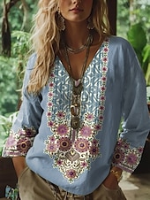 tanie Damskie topy boho-Damskie Bluzka Kwiaty Graficzny W Tureckie Wzory Bohema Zabytkowe Tropikalny Rękaw 3/4 W serek Zwykłe topy Z marszczeniami Haft Nadruk Niebieski Fioletowy Zielony Khaki Lato Wiosna