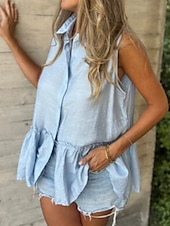 levne Hladké dámské topy-Dámská košile jednobarevná stylová příležitostná bez rukávů límec regular tops každodenní lněné volány knoflíky černá bílá světle modrá léto