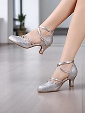 cheap Latin Shoes-Women&#039;s Black Glitter Low Heel Dance Shoes – Sparkly Ankle Strap Ballroom Shoes for Girls &amp; Ladies&#039; Performance or Practice