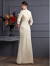 abordables Ensembles de robes pour maman-Robe fourreau mère de la mariée invitée de mariage élégante grande taille encolure droite longueur au sol en chiffon satin dentelle sans manches robes à courte veste avec ceinture  appliques en ruban