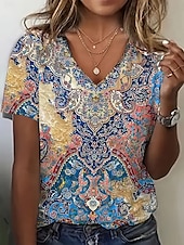 billiga Boho t-shirt-Dam T-shirt Summer Tops Grafisk Geometrisk Klassisk Ledigt Kortärmad V-hals Crop Tops Dagligen Helgen Mönster Regnbåge Sommar Vår Höst