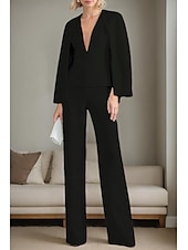 preiswerte Hosenanzüge für Mama-zweiteiliger Overall/Hosenanzug, Kleid für die Brautmutter, elegant, minimalistisch, lässig, tiefer Ausschnitt, bodenlang, Polyester, lange Ärmel, mit Jacke und Schlitz, 2025