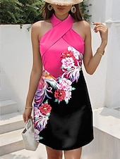 preiswerte Blumenkleider-Damen Minikleid Sommerkleid A Linie Kleid Halterkleid Urlaub Lässig Ausgehen Normale Passform Blumen Grafik Ärmellos V Ausschnitt Schwarz Weiß Blau Grün Sommer