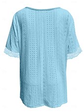 cheap Plain tee-Women's T Shirt Lace Embroidered Plain Elegant Fashion Modern Short Sleeve V Neck Regular Tops Daily Weekend Blue Pink Purple Summer Spring