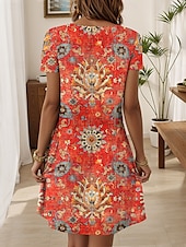 preiswerte Boho Kleid-Damen Minikleid A Linie Kleid Sommerkleid Lässig Täglich Normale Passform Blumen Grafik Stammes Kurzarm V Ausschnitt Orange Sommer Frühling