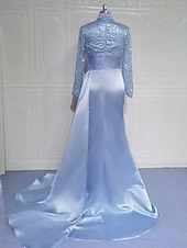 preiswerte BLAU-Meerjungfrau Abendkleid Pailletten Elegantes Kleid Formal Sweep  Brush Zug Lange Ärmel Hoher Hals Satin mit Perlen Maskeradenkleid 2025