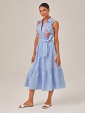 preiswerte Blumenkleider-Sommerliches, gestreiftes, besticktes, ärmelloses, mittellanges Kleid