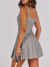 cheap Women&#039;s Tennis Dress-US Open Women&#039;s Tennis Dress with Shorts Sports Dress Sleeveless Pleated Breathable Tennis Golf Pickleball Square Neck Solid Colored Dress Black Blue Dark Green Tennis Clothing