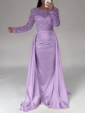 cheap CHAMPAGNE-Mermaid Sequin Evening Gown Ruched Champagne Satin Dress Long Sleeves Masquerade Floor Length Illusion Neck with Pearls Overskirt dress 2025