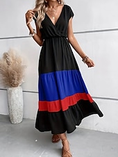 economico Abiti a Strisce e Geometrici-Per donna Abito maxi Abito a trapezio Casual All&#039;aperto Uscire Spiaggia Vestibilità comoda Grafico Manica Corta Scollo a V Blu Fucsia Marrone Estate
