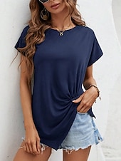 abordables T-shirt uni-T-shirt femme de couleur unie Uni Mode Classique Décontracté Manches courtes Col rond Hauts réguliers Quotidien Week-end Asymétrique Noir Blanc Vert armée Bleu marine Été