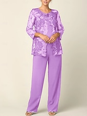 abordables Costumes-pantalons pour maman-tailleur pantalon bleu jaune 3 pièces robe mère de la mariée élégant col rond longueur au sol mousseline manches longues cache-cœur inclus avec broderie en dentelle 2025