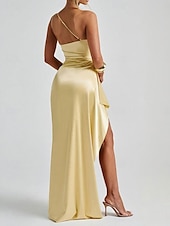 abordables Robes de bal de promo-Robe de fête sirène  trompette Jaune Robe élégante Mariage Invité de mariage Longue crue Sans manches Une épaule Satin avec détails plissés