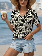 billige Dyrene tee-Dame T skjorte Grafisk Katt Planter Årgang Stilfull Klassisk Kortermet V-hals Vanlige topper Daglig Trykt mønster Hvit matt-hvit Sommer Vår