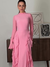 voordelige Roze-A-Lijn Roze Elegante Jurk Bruiloft Bruiloft Gast Vloerlengte Lange Mouw Hoge Hals Chiffon Met Ruffles