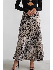 ieftine Fuste grafice-Pentru femei Fustă Casual Maxi Talie Medie Fuste Leopard Imprimeu Micro-elastic Vacanță Stradă Alb Maro Bej Vară Mătase ca satinul