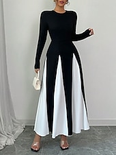 tanie Prosta sukienka-Damskie Długa sukienka sukienka maxi Sukienka na ukończenie szkoły Codzienne sukienki Moda Nowoczesny Na zewnątrz Urlop Codzienny Regularny Kolorowy blok Długi rękaw Półgolf Czarny Lato Wiosna