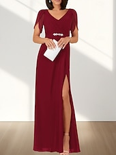 cheap Wedding Guest Dresses-A-Line Wedding Guest Dresses Elegant Dress Wedding Guest Engagement Floor Length Short Sleeve V Neck Chiffon with Ruched Beading Slit