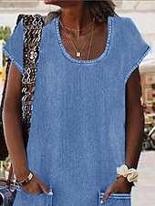 abordables Robes en jean-Femmes Mini Robe Robe Décontractée Robe en coton et lin Robe d&#039;été Basique Moderne Quotidien Week-end Coupe régulière Uni Manche Courte Col en U Bleu Roi Été