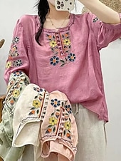 abordables Tops Boho pour Femmes-Femmes Chemise Fleuri Élégant Occasionnel Manche 3/4 Col ras du cou Hauts Réguliers Quotidien Broderie Vert Claire Rose Claire Fuchsia Abricot Bleu clair Été Printemps