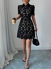 ieftine Rochie simplă-Pentru femei Rochie Mini Rochie de dantela Rochie de vară Elegant Modă În aer liber Petrecere Concediu Fit regulat Simplu Manșon scurt Guler Cămașă Negru Vară Primăvară