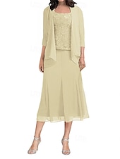 abordables Longueur du plancher-Ensembles de Robes Robe de Mère de Mariée  Élégant Simple Col carré Longueur thé Polyester Manche 3/4 avec Couleur Unie 2025