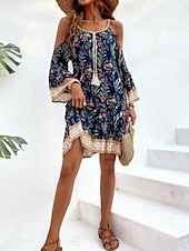 economico Abiti Boho-Per donna Mini Abito Abito a trapezio Abito Sottoveste Abito a spalle scoperte Casual All&#039;aperto Uscire Spiaggia Vestibilità comoda Floreale Grafico Manica Lunga Spalline sottili Blu marino Verde