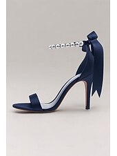 preiswerte Cocktail-Marineblaue Satin-High-Heel-Sandalen für Damen – Perlen-Stiletto-Absätze mit Knöchelriemen und Schleife für Hochzeiten, elegante Cocktailpartys und besondere Anlässe
