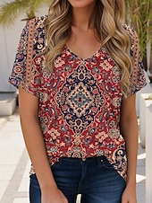 billige Boho t-skjorte-Kvinners T-skjorte Boho Bluse Grafisk Geometrisk Paisley Bohemia Vintage Uformell Kort Erme V-hals Vanlige Topper Daglige Helg Strand Bekledning Trykk Rød Blå Oransje Sommer