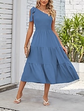 abordables Robes-Femmes Robe Midi Robe Blanche Robe en coton et lin Mode Moderne Extérieur Vacances Anniversaire Coupe régulière Uni Sans manches Une Épaule Rose Claire Noir Blanche Vert Véronèse Été