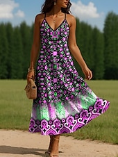 preiswerte Blumenkleider-Damen Maxikleid A Linie Kleid Unterkleid Urlaub Lässig Outdoor Normale Passform Blumen Grafik Ärmellos V Ausschnitt Spaghettiträger Gelb Rote Blau Purpur Sommer Frühling