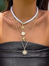 cheap Women&#039;s Necklace-Women&#039;s Boho Layered Shell and Bead Necklace Set – Beach-Style Turquoise Pendant and Gold Charms for Summer Vacations and Festivals