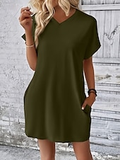 preiswerte Weißes Kleid-Damen Mini Kleid T-Shirt Kleid Tee Kleid einfarbig Sommer Kleid lässig täglich reguläre Passform Grafik Kurzarm V-Ausschnitt Schwarz Rot Olivgrün Aprikose Sommer