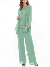 baratos Terninhos de calça da mamãe-Terno azul roxo com calça, vestido de mãe da noiva, 3 peças, elegante, gola redonda, comprimento até o chão, chiffon, manga comprida, incluso com bordado em renda 2025