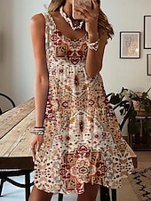 preiswerte Boho Kleider-Damen Minikleid Sommerkleid A Linie Kleid Schulterfreies Kleid Urlaub Lässig Strand Normale Passform Blumen Grafik Paisley-Muster Ärmellos Rundhalsausschnitt Leicht Braun Sommer