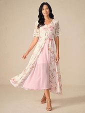 abordables Robes de vacances-Femme Robe Maxi Robe Trapèze Elégant mode Vacances du quotidien Standard Floral Manche Courte Col V Rose Claire Eté