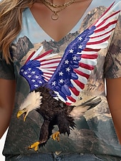 abordables Camiseta de Animales-Mujer Camiseta Estampado Graphic Animal Bandera estadounidense Vintage Elegante Clásico Manga Corta Escote en Pico Tops regulares Diario Fin de semana Azul Piscina Verano Primavera