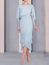 economico Lunghezza del tè-Abito a tubino da spiaggia per la madre della sposa abito per invitata elegante petite scollo rotondo lunghezza tè in chiffon maniche a 3/4 con applicazioni in pizzo taglia personalizzata gratuita
