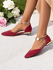 cheap Women's Flats-Women's Burgundy Pointed Toe Flats – Suede Shoes with Pearl Anklet Strap for Elegant Daytime Dates