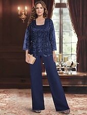 preiswerte Unter 129,99 $-Hosenanzug Brautmutter Kleid Hochzeitsgast Elegantes Quadrat-Ausschnitt Bodenlang Polyester Spitze Lange Ärmel mit einfarbigem Material