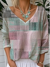 billige Kvinne Striper &amp; Geometriske Topper-Dame Bluse Blomstret Grafisk Årgang Tropisk Stilfull 3/4 ermer V-hals Vanlige topper Rosa Blå Kakifarget Sommer Vår