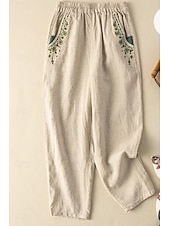 abordables Fondos Falsos Esenciales-Mujer Algodón Compuesto Lino de algodón sintético pantalones Pantalones de verano Ropa de calle Casual Hasta el Tobillo Cintura Media Floral Bordado Bolsillo Cintura elástica Confortable Cómodo