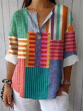 billige Kvinne Striper &amp; Geometriske Topper-Kvinnenes bomullslin skjorte grafisk geometrisk fargeblokk vintage tropisk hawaiiansk langermet V-hals vanlig topper daglig ferie strandbruk lappverk knapper print rosa grønn sommer vår