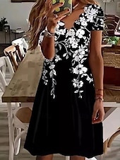 preiswerte Blumenkleid-Damen Minikleid A Linie Kleid Sommerkleid Lässig Täglich Normale Passform Blumen Grafik Kurzarm V Ausschnitt Schwarz Weiß Rosa Blau Sommer