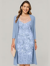 abordables Avec veste-Ensembles de Robes Deux Pièces Robe Mère de la Mariée Élégante Illusion Col Longueur Genoux Chiffon Manches Mi-Longues avec Broderie de Sequins