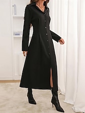 abordables Robe Simple-Femmes Robe Midi Robe Chemise Robe Décontractée Mode Moderne Quotidien Date Week-end Coupe régulière Uni manche longue Col de chemise Noir Été Printemps