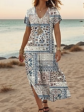 cheap Boho Dress-Women&#039;s Midi Dress Sundress A Line Dress Summer Dress Vacation Casual Daily Regular Fit Floral Graphic Short Sleeve V Neck Blue Summer Spring Fall