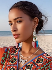 preiswerte Damen Ohrringe-Bohemian Federohrringe mit bunten Perlen, Ethno-Stil für Frauen – perfekt für Sommerfeste, Freizeitausflüge und den Urlaub